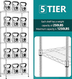 IZEUK 5-Tier Chrome Metal Storage Shelves, Adjustable Wire Shelving Unit for Kitchen, Bathroom, Pantry, Office, Garage, Organizer Wire Rack, 1250 lbs, 13.7" D x 23.6" W x 63" H