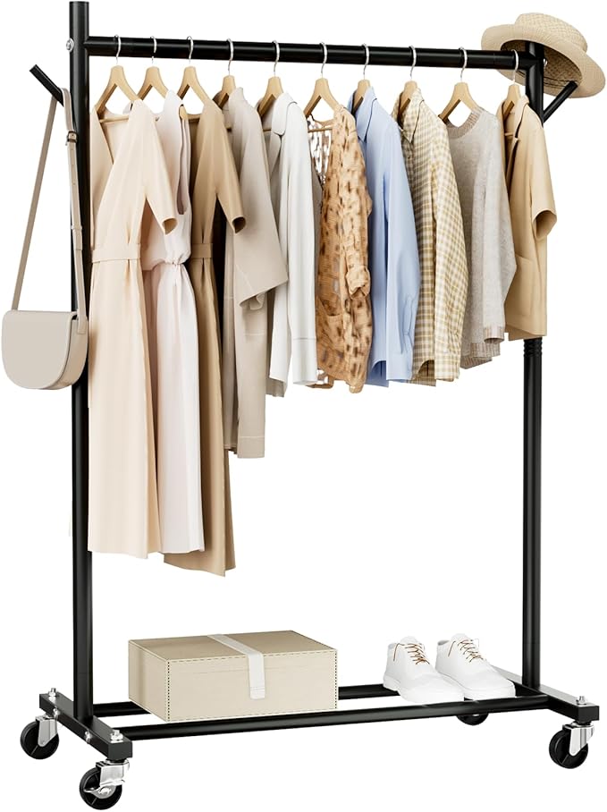 Clothes Rack, 3-in-1 Clothing Rack for Hanging Clothes, Rolling Garment Rack with Coat/Hat Hooks, Portable Coat Rack, Sturdy Wardrobe Rack Metal Closet Rack 280LBS for Bedroom Living Room, Black