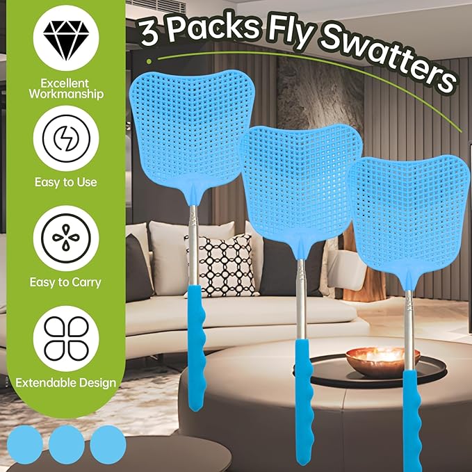 3 Pack Fly Swatters Set - Plastic Fly Swatters Heavy Duty - Fly Swatters with Stainless Steel Handle for Indoor and Outdoor - Blue