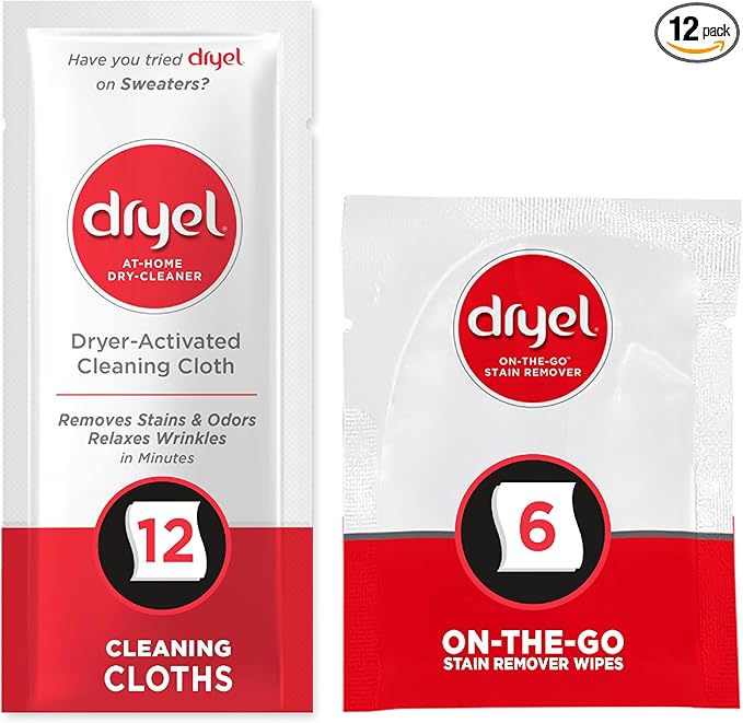 dryel At-Home Dry Cleaner Refill, New and Improved, Gentle Laundry Care for Special Fabrics and Dry-Clean-Only Clothes, 12 Loads with On-the-Go Stain Remover, pack of 12
