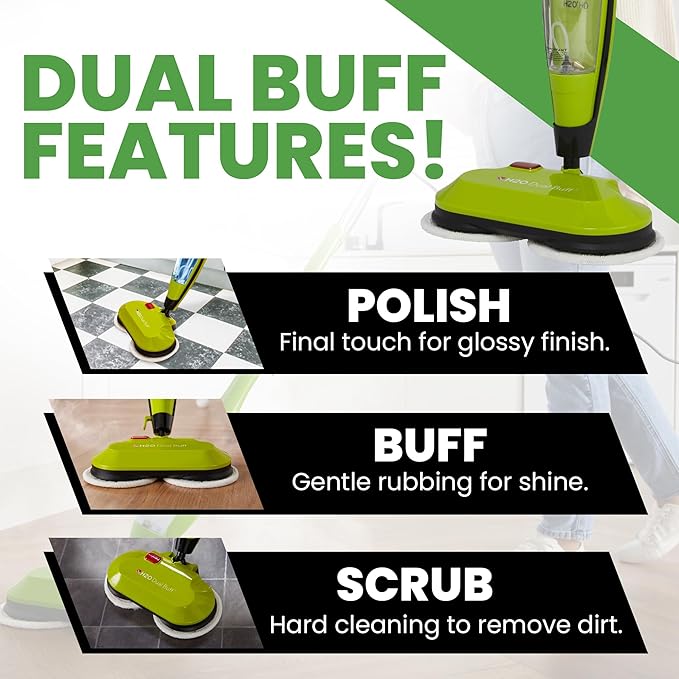 H2O HD Dual Buff Steam Mop, 8 in 1 Handheld Steam Cleaner For Kitchen Tile Floors, Hardwood Floors, Grout Cleaner, Upholstery Cleaner and Carpets, 2 washable scrub pads, 8 cleaning accessories