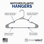 Closetselect Plastic Hangers 50 Pack - Space Saving Clothes Hangers, Made in USA, Durable & Strong Plastic Shirt & Coat Hanger with Notches & Shoulder Grooves, Non-Slip Clothing Hangers | Silver Hail