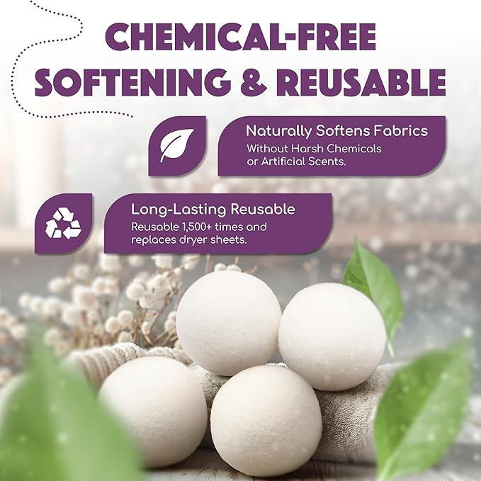 Wool Dryer Balls XL 6-Pack (3 XXL + 3 XL) – 100% New Zealand Wool, Hypoallergenic, Chemical-Free Fabric Softener – Reusable for 1,500+ Loads – Anti-Static & Baby-Safe