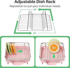 SAYZH Dish Drying Rack - Expandable Dish Rack for Kitchen Counter, Rust-Resistant Dish Drainer with Utensil Holder and Raised Guardrail, Kitchen Organizer for Cup and Bottle (Pink)