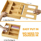 SpaceAid Bag Storage Organizer for Kitchen Drawer, Bamboo Organizer, Compatible with Gallon, Quart, Sandwich and Snack Variety Size Bag (1 Box 4 Slots)