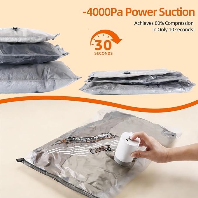 Vacuum Seal Bags For Travel With Rechargeable Cordless Pump, 15 Pack Space Saver Compression Bags For Clothes, Bedding, Blankets, Pillows, Luggage, Ideal For House Moving & Home Organization