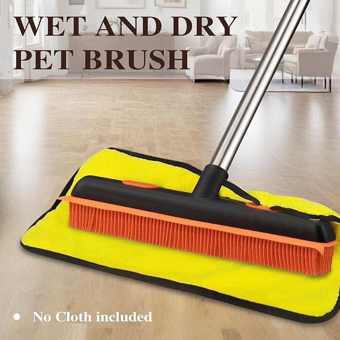 2 in 1 Rubber Broom with 33-64" Long Handle，Fur Remover Broom with 33-64" Long Handle, Pet Hair Broom with Squeegee for Carpet, Hardwood Floor, Tile- Black Orange