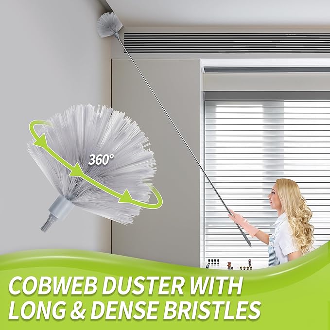 Duster with Extension Pole, Skinny Duster/Under Appliance Cleaning Tool & Spider Web Brush & Ceiling Cleaner, 100" Microfiber Feather Cleaner with Washable Head for Fan Furniture Wall