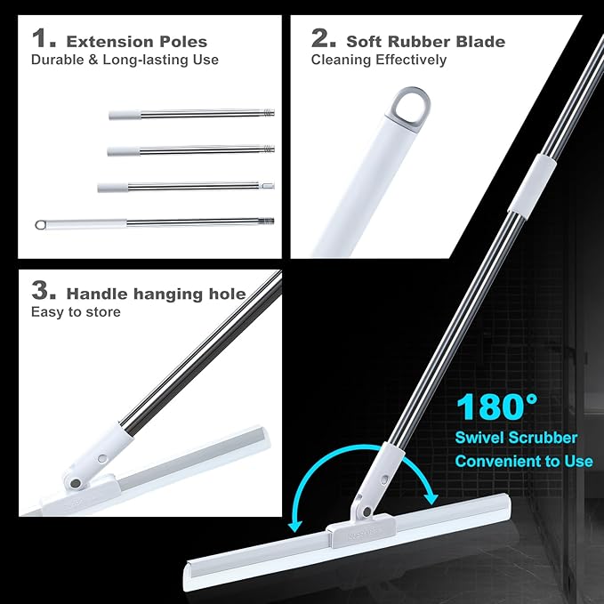 Rubber Squeegee Broom for Floor,62" Long Handle Window Squeegee, Silicone Pet Hair Remover,Magic Broom for Indoor Cleaning,Cleans Glass, Hair, fine dust, Liquids, Suitable for Smooth Floors, Rugs