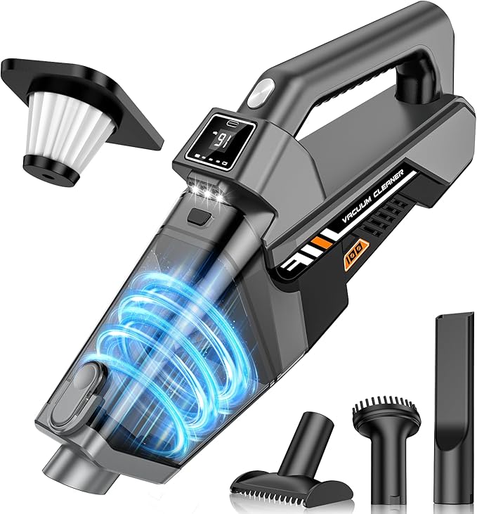 EYYA Handheld Vacuum Cordless, 16KPA Powerful Suction Hand Held Vacuum Cleaner Dust Busters Cordless Rechargeable, HD Display & 3 LED Lights, Portable Vacuum for Car, Home, Pet Hair