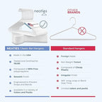 Neaties Plastic Hangers 45 Pack - Made in the USA - 6lb Capacity Standard Clothes Hangers with Strap Hooks for Dresses, Lingerie, Shirts, Pants, and Jackets - White & Pink