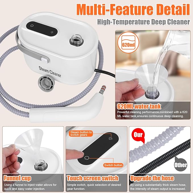 10 in 1 Multi-function Steam Cleaner for Home, Portable Handheld Steamer for Cleaning, 1200W High Pressure Steam Cleaner for Car/Kitchen/Upholstery/Glass/Tiles/Fabric, White