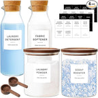 Glass Laundry Storage Containers Set, 4 Pack Liquid Detergent Dispenser with Cork Lid & Laundry Room Organization Jar with Acacia Lid, Fabric Softener Dispenser Bottles and Powder Detergent Organizer