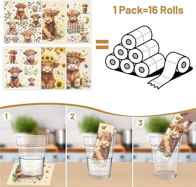 Swedish Dishcloths for Kitchen, 6PCS Floral Highland Cow Swedish Dish Cloths Gift Set, Reusable Washable Absorbent Dish Towel for Home Cleaning