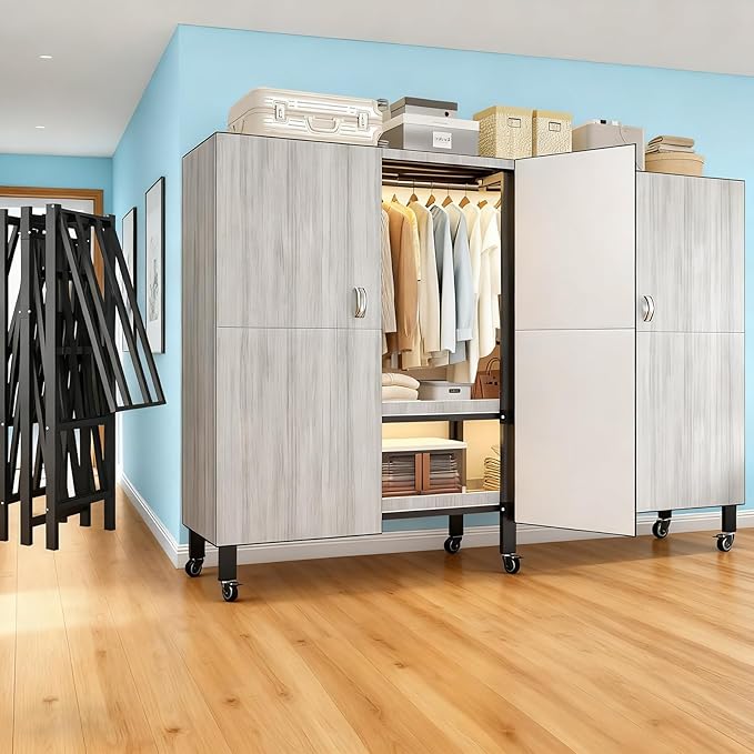 Foldable Portable Armoire Wardrobe Closet for Hanging Clothes Rack, Heavy Duty Covered Clothes Rack with Cover(HARDBOARD Magnetic), Closet Garment Rack for Bedroom Storage (KT Woodgrain Gray, 70.86in)