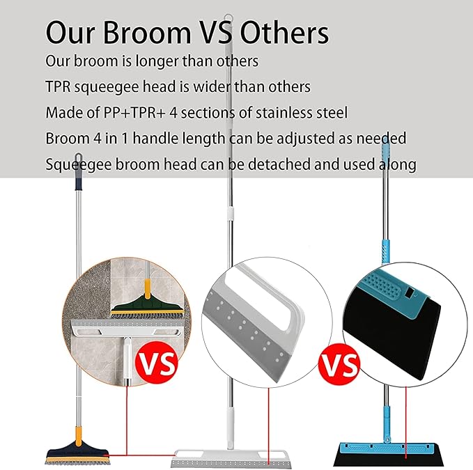 Multifunction Magic Broom, Silicone Floor Squeegee with 56" Long Handle, Rubber Sweeper, Air Broom for Floor Bathroom Kitchen Shower Tile Pet Hair Fur Marble Glass Water Window Foam Cleaning (Grey)