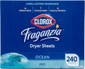 Clorox Fraganzia Fabric Softener Dryer Sheets, Wrinkle Reducing and Anti Static Laundry Dryer Sheets for Great Smelling Clothes, Softens Fabrics, Fresh Ocean Scent, 240 Count