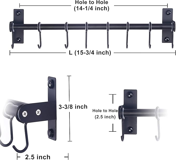Dseap Pot Rack - Pots and Pans Hanging Rack Rail with 8 Hooks, Double Bars, Pot Hangers for Kitchen, Wall Mounted, Black, Pack of 2