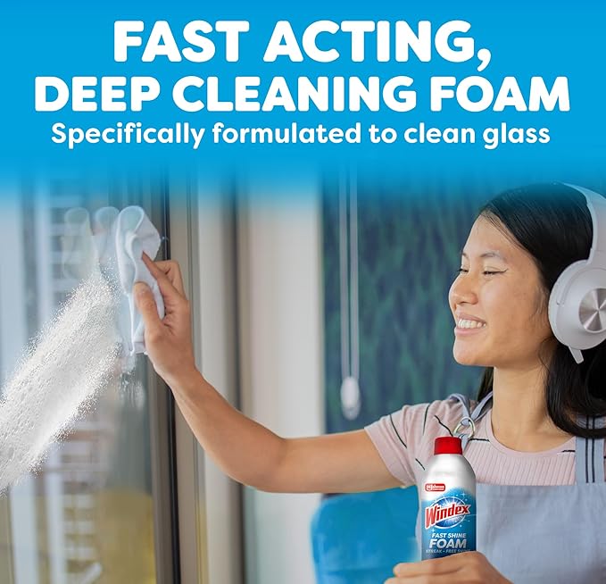 Windex Fast Shine Foam Glass Cleaner, No-Drip Aerosol Cleaning Spray, 19 oz. (Pack of 2)