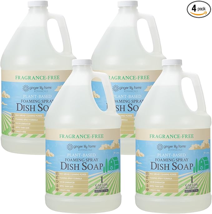 Ginger Lily Farms Botanicals Plant-Based Foaming Spray Dish Soap, Concentrated Formula with Max Grease Cleaning Power, Cruelty-Free, Fragrance-Free, 1 Gallon (Pack of 4)