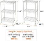 SINGAYE 3 Small Shelves Storage Shelf Wire Shelving Unit Metal Shelf Adjustable Organizers Storage Shelving with Wheels for Bathroom Laundry Room Kitchen Pantry11.5”D x 17.5”W x 30.5”H White