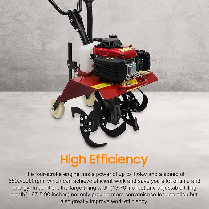 4-Stroke 63CC Gas Powered Tiller Cultivator Garden Yard Rototiller Tilling Tool Gas Tiller- Ideal for Garden, Lawn, Soil Cultivation, Weed & Digging, 8500-9000rpm