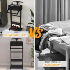 Wood Mens Valet Stand,Freestanding Suit Stand&Clothes Butler Valet Stand with Hanger,Tie&Belt Hooks,Shoe Rack,Storage Organizer for Keys,Watches,Wallet,Jewelry in Entrance,Bedroom (Styel 3, Black)