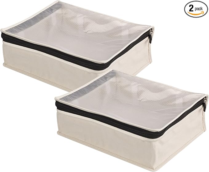 Household Essentials Canvas Sweater Storage Bags, 2-Pack, Breathable Cotton, Under-Bed Zippered Storage with Clear Top Window, Stackable, Cedar Insert Compatible (Not Included), Natural