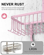Pink Shower Caddy for Bathroom - Never Rust Hanging Shower Organizer with Soap Basket and Hooks - Large Capacity 3 Tier Aluminum Over The Showerhead Caddy