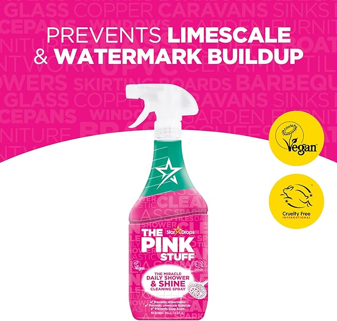The Pink Stuff Miracle Daily Shower & Shine Spray – 30oz Bathroom Cleaner for Glass, Tile, Mirrors & Chrome – Prevents Soap Scum & Watermarks – No Rinse Spray & Leave Formula
