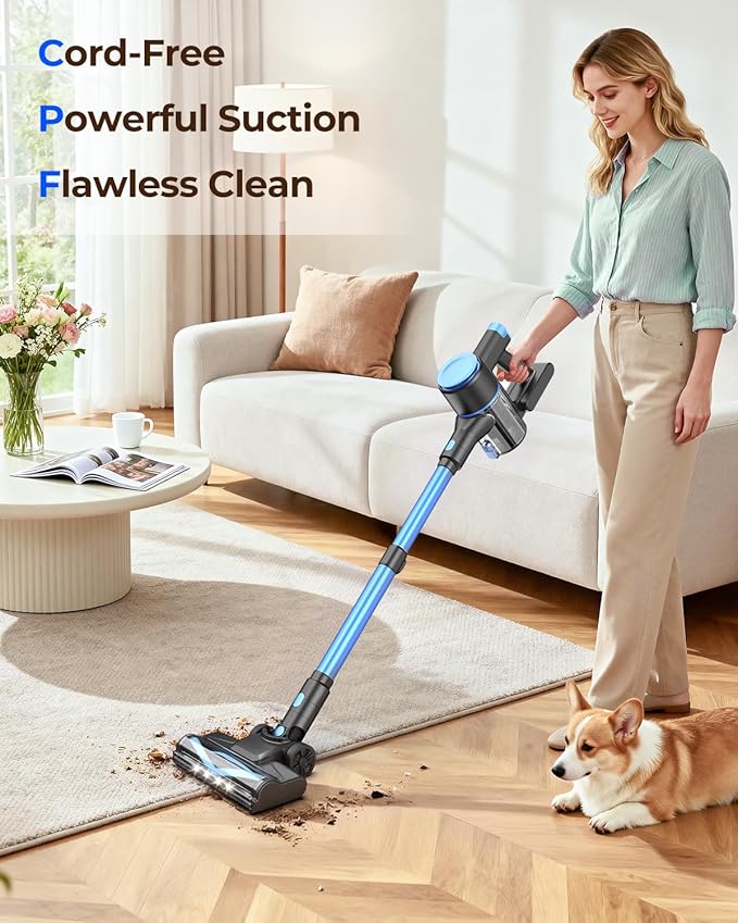 N8 Cordless Vacuum Cleaner,Lightweight Stick Vacuum with Powerful Suction,2200mAh Battery, 40 Mins Runtime,Self-Standing,Rechargeable Vacuum Cleaners for Home Hardwood Floor Carpet Pet Hair (Azure)