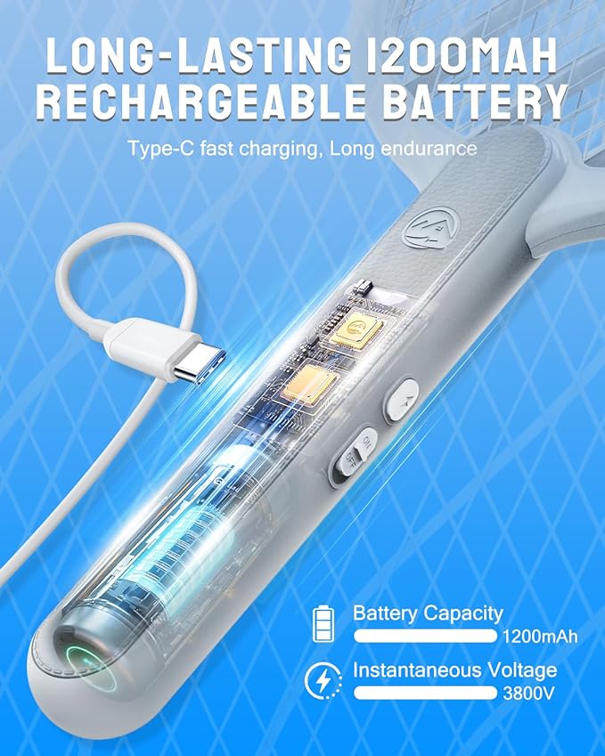 Electric Fly Swatter, 3800V Handheld Bug Zapper Racket, Type-C Rechargeable, Mosquito Zapper for Indoor Outdoor, 3-Layer Safety Mesh, Easy to Use, Lightweight (Basic 2 Pack)