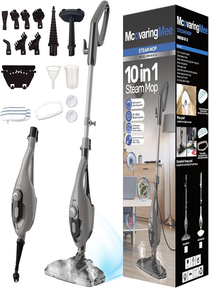 11-in-1 Steam Mop, 1550W Powerful Handheld Steam Cleaner, 260°F Multi-Functional Floor Steamer with 21.3FT Cord for Floors, Hardwood, Tiles, Grout, Windows, Kitchen, Bath, Adjustable (Grey)