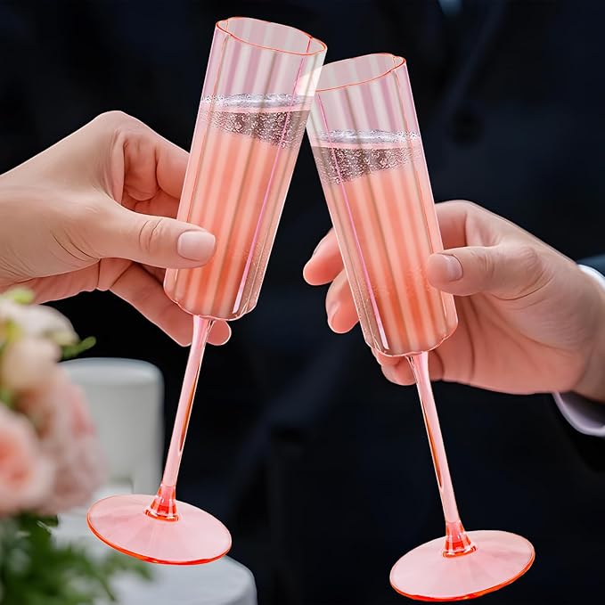 Ciaell 24 Pack Pink Plastic Champagne Flutes - 6 Oz Flower Wavy Champagne Glasses - Heavy Duty Vintage Disposable Glassware for Party & Anniversary & Wedding