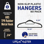 Lifemaster Versatile Clothes Hanger Set - 80 Pieces Space-Saving Dry and Wet Clothes Hanger Set with 360° Swivel Hook and Non-Slip Rubber Design - Black
