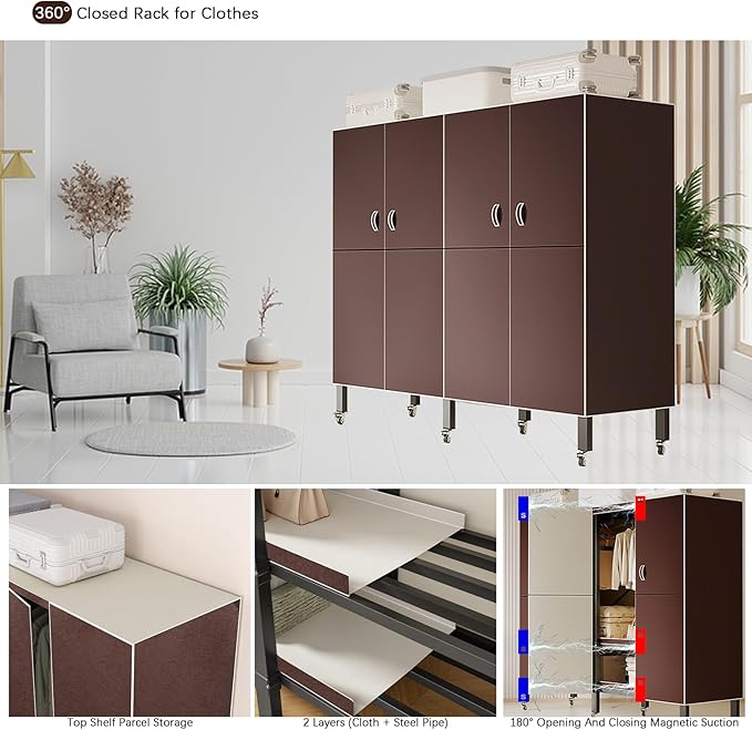 Foldable Portable Armoire Wardrobe Closet for Hanging Clothes Rack, Heavy Duty Covered Clothes Rack with Cover(HARDBOARD Magnetic), Closet Garment Rack for Bedroom Storage (KT Coffee, 59.05in)