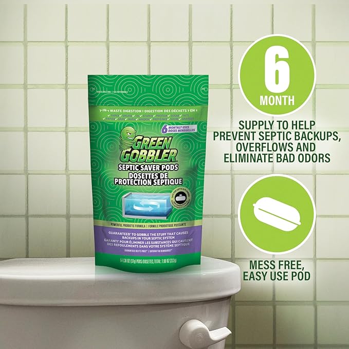 Green Gobbler Septic Tank Enzyme Treatment Packets, 6 Month Supply - Powerful & Natural Bacteria to Prevent Costly Septic Issues, Back-Ups