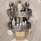 VOLPONE Corner Shower Caddy Suction Cup Shower Shelf Corner No Drilling Bathroom Shower Organizer Storage Rack Adhesive with Towel Bar Hooks (2-Pack, Matte Gray)