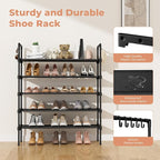 LANTEFUL 5 Tier Shoe Rack for Closet Shoe Organizer with 5 Hooks, Long Shoe Shelf Storage for Shoe and Boot Stackable Free Standing Shoe Rack for Entryway, Garage, Small Spaces, Dorm, Black