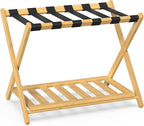 BAMBOOHOMIE 2 Pack Bamboo Luggage Rack for Guest Room, 26.77" Folding Wide Suitcase Stand with Storage Shelf, Thickened Luggage Stand Holder for Bedroom Hotel, Luggage Rack for Suitcases (Natural)