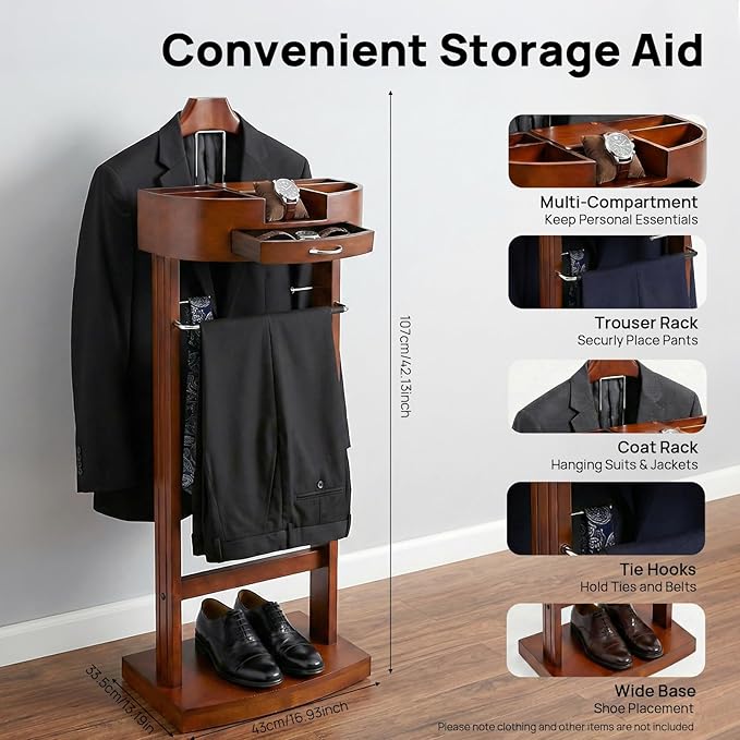 Wood Suit Rack, Vintage Birch Freestanding Clothing Valet Stand, Practical Valet Stand with Drawer and Trouser Holder, Wooden Contoured Coat Rack for Suits, Pants, Ties (Brown)