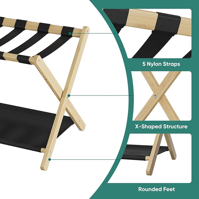 Smuxee Natural Bamboo Luggage Rack Pack of 2, Foldable Suitcase Stand with Storage Shelf, Easily Assembled Luggage Stand with 5 Nylon Straps for Guest Room Bedroom Hotel