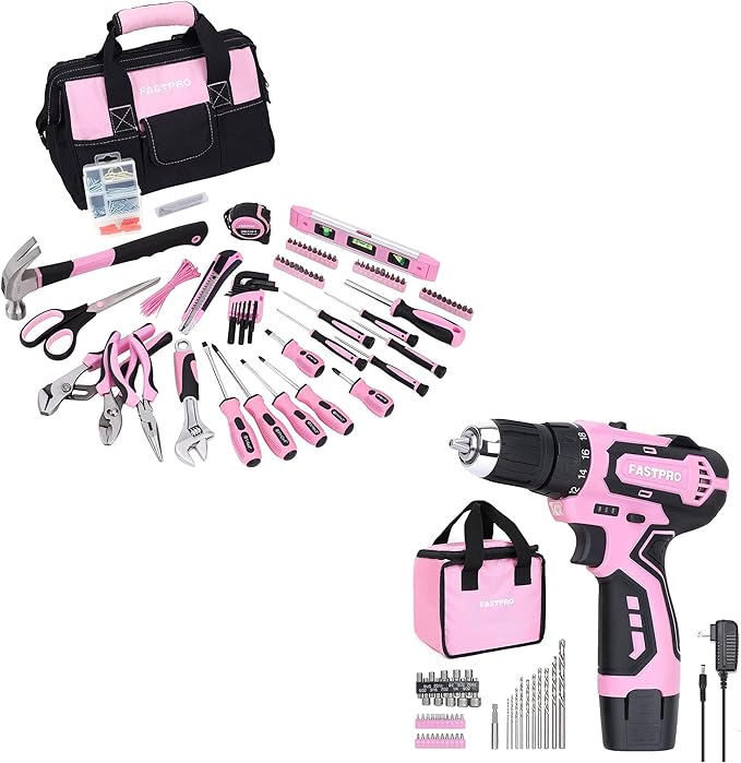 FASTPRO Pink Tool set -220-Piece Lady's Home Repairing Tool Kit & 12V Pink Cordless Lithium-ion Drill Driver