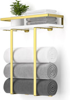 Towel Racks for Bathroom Wall Mounted, Metal Towel Holder with Wooden Shelf for Folding Large Towels, Towel Storage for Small Bathroom Organizer Decor or RV Camping,Golden
