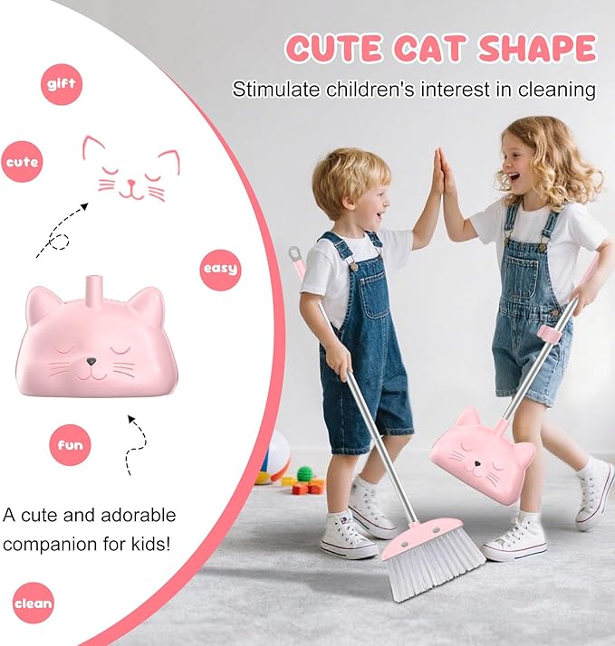 Mini Broom with Dustpan for Kids, 28-in Handle Kids Broom and Dustpan Set for Toddlers Cat-Shaped Children Broom and Cleaning Set Boys Girls Small Housekeeping Helper Set, Pink