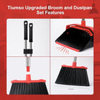 Large Upright Broom and Dustpan, Heavy Duty Dust Pan with 51" Long Handle for Indoor Outdoor Garage Kitchen Room (Black and Red)
