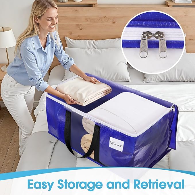 BlissTotes 8 Pack Moving Bags with Clear Window, Storage Bags with Strong Carrying Handles & Zippers,Large Packing Bags for Saving Space, Alternative to Moving Boxes(Blue,24 Gallon)