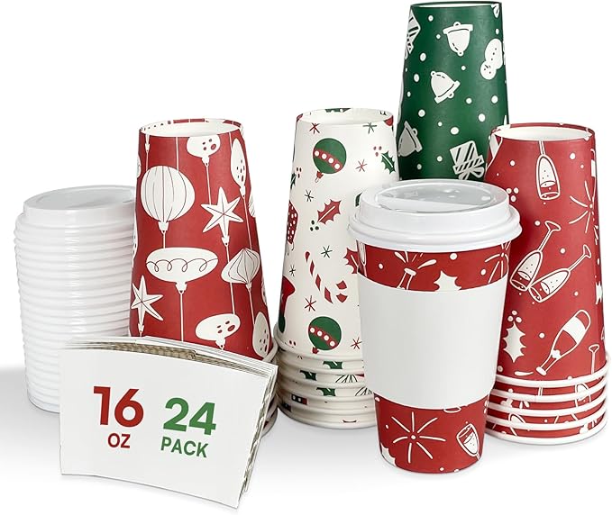 Christmas To Go Coffee Cups with Lids 16 oz Insulated Cups, 24 Packs Hot Cup for Chocolate/Coffee/Tea/Water/Juice, Coffee Bar Accessories with Lid & Sleeve, Christmas Cups Disposable Supplies