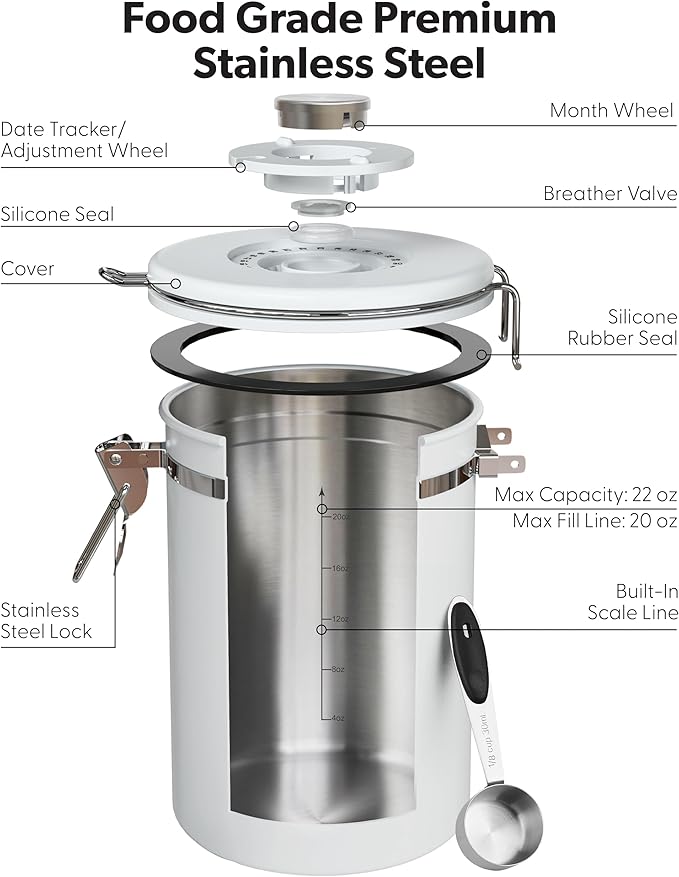 Veken Coffee Canister with Window, Airtight Stainless Steel Kitchen Food Storage Container with Lids, Date Tracker and Scoop for Grounds Coffee, Beans, Tea, Flour, Cereal, Sugar Jars, 22OZ, White