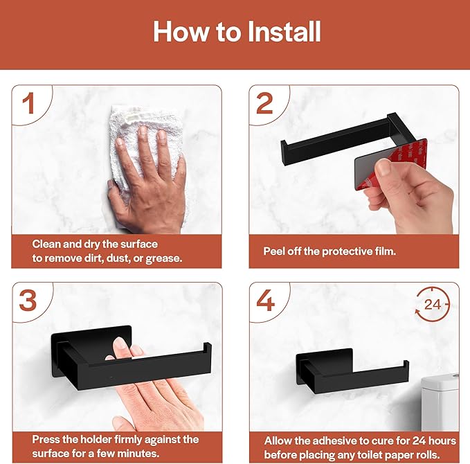 Toilet Paper Holder, Self-Adhesive Toilet Paper Roll Holder for Bathroom and Washroom, No-Drill SUS 304 Stainless Steel,Matte Black